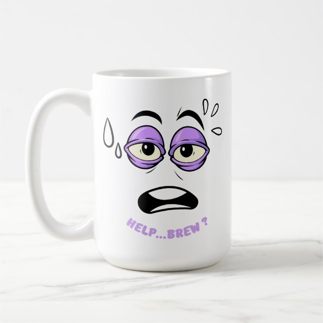 Funny Help Brew Sleepy Face Cartoon Coffee Mug (Left)