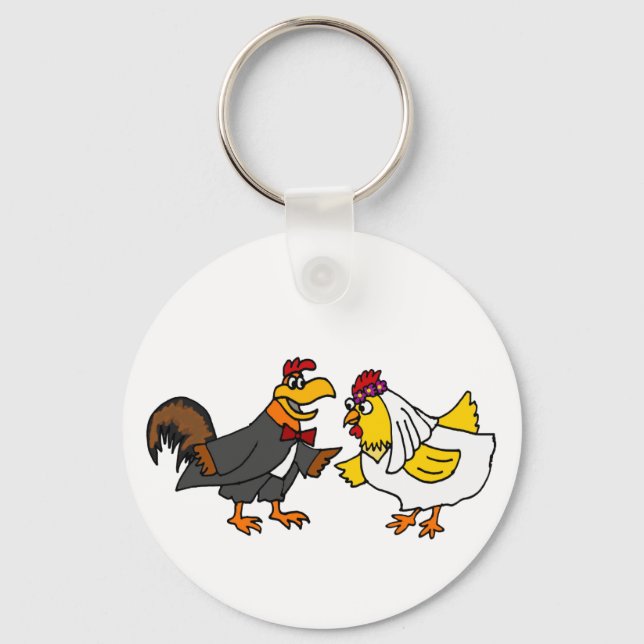 Funny Hen Bride and Rooster Groom Wedding Key Ring (Front)