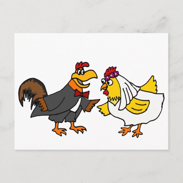 Funny Hen Bride and Rooster Groom Wedding Postcard (Front)