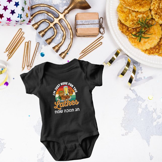 Funny here for the latkes, Hebrew Hanukkah  Baby Bodysuit (Creator Uploaded)