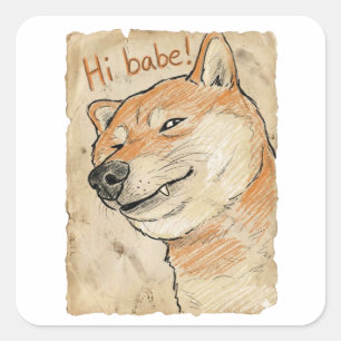 Funny "Hi Babe" Winking Shiba Inu Valentine's Art Square Sticker