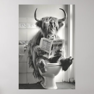 Funny Highland Cow Bathroom Print, Newspaper Poster