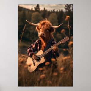Funny Highland Cow Guitar Print, Farm Animal Art Poster