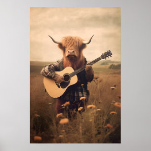 Funny Highland Cow Guitar Print Retro Animal Wall