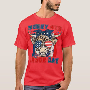 Funny Highland Cow Merry 4th Of Labour Day America T-Shirt