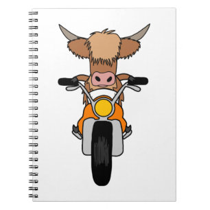 Funny Highland Cow Riding A Motorcycle Cartoon Notebook
