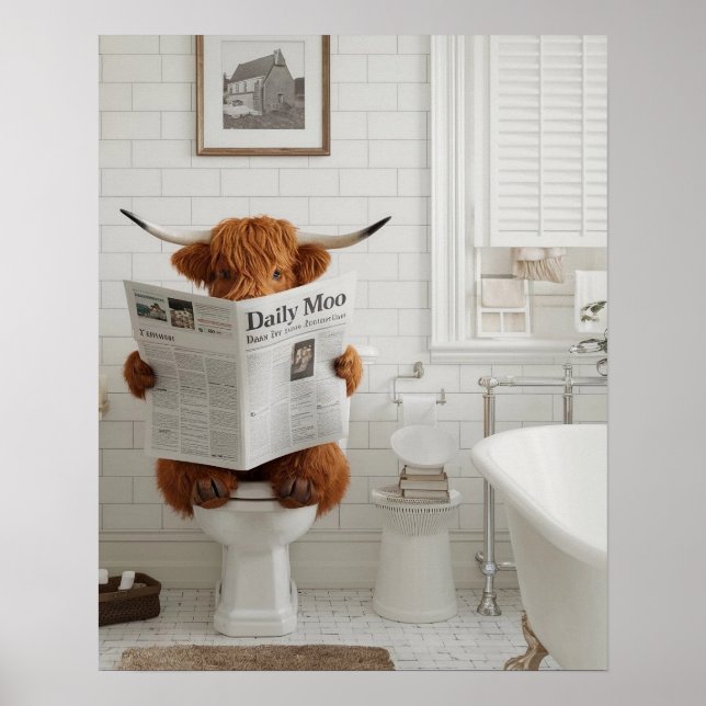 Funny Highland Cow Sitting on the Toilet Bathroom Poster (Front)