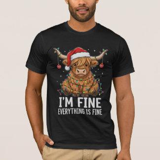 Funny Highland Cow Tangled in Christmas Lights Hol T-Shirt