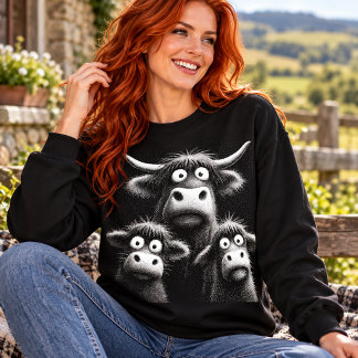Funny Highland Cow Trio Wide Eyed Farm Animal Humo Sweatshirt