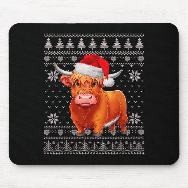 Funny Highland Cow Ugly Christmas Sweater Santa Xm Mouse Pad (Front)