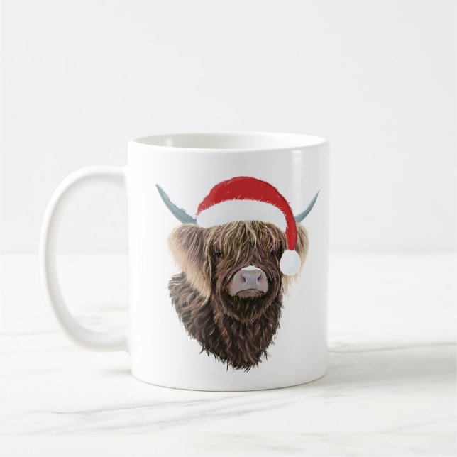 Funny Highland Cow Wearing A Christmas Santa Hat Coffee Mug (Left)