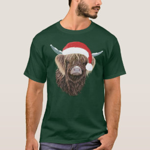Funny Highland Cow Wearing A Christmas Santa Hat T-Shirt