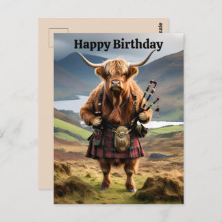 Funny Highland Cow With Bagpipes Birthday Postcard