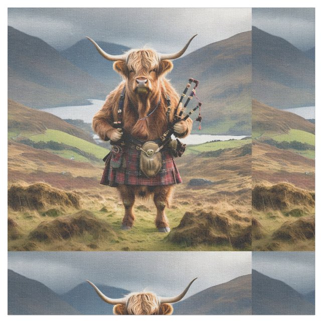 Funny Highland Cow With Bagpipes, Fabric (Close Up)