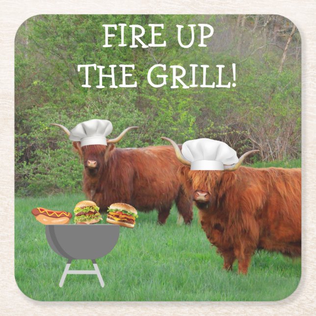 Funny Highland Steer Barbecue Time Square Paper Coaster (Front)