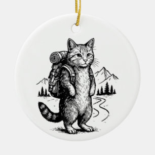 Funny Hiking Cat Backpacking Hikers & Animal Lover Ceramic Ornament