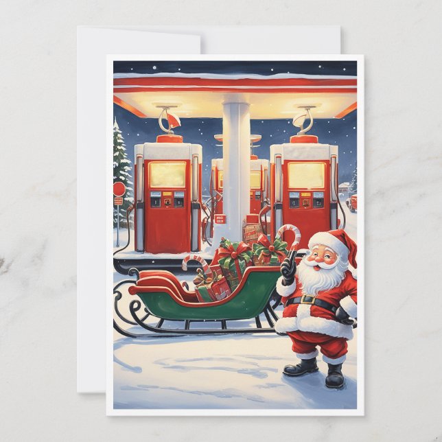 Funny Hilarious Santa Claus at a Gas Station Holiday Card (Front)