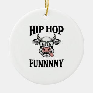 Funny Hip Hop Cow Vintage Engraving Shirt Design_1 Ceramic Ornament