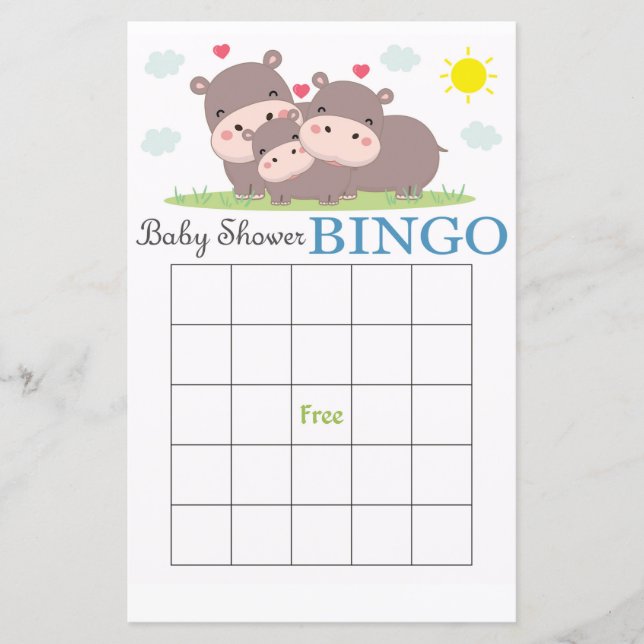 Funny Hippo baby shower bingo card (Front)