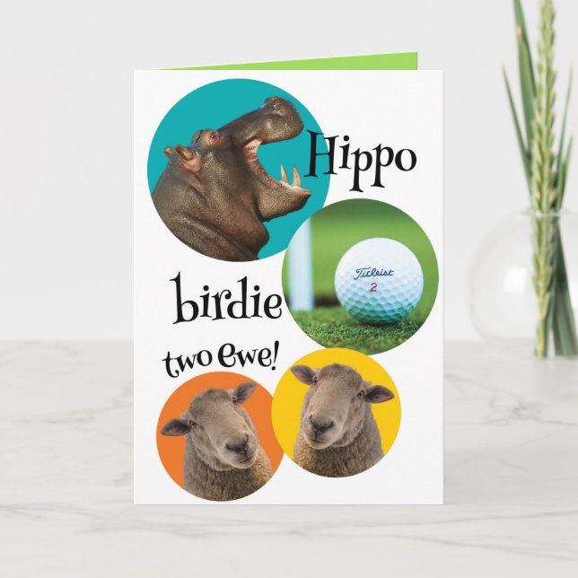 Funny Hippo Birdie Two Ewe For Golfer Birthday Card (Front)