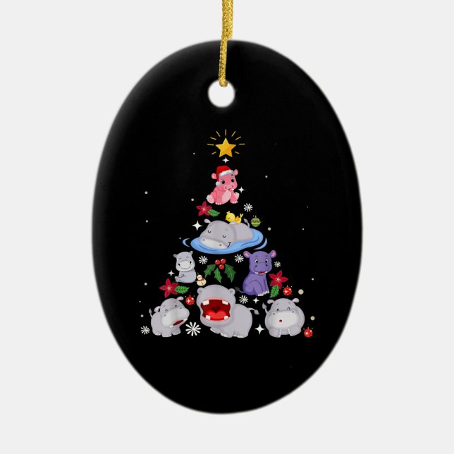 Funny Hippo Christmas Tree | Xmas Hippopotamus Ceramic Ornament (Front)