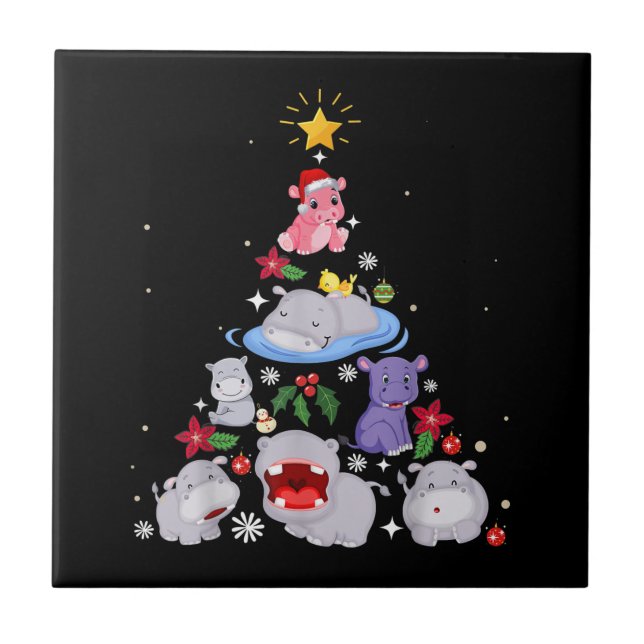 Funny Hippo Christmas Tree | Xmas Hippopotamus Ceramic Tile (Front)