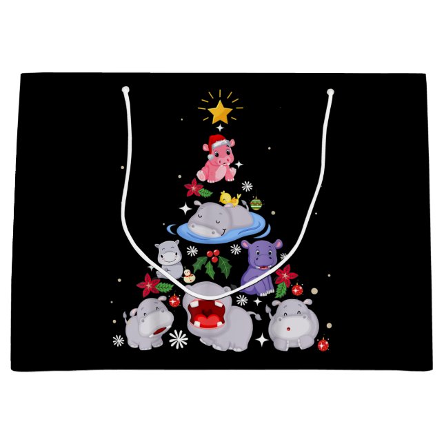 Funny Hippo Christmas Tree | Xmas Hippopotamus Large Gift Bag (Front)