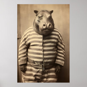 Funny Hippo Inmate Vintage Print Retro Animal Wall