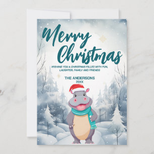Funny HIPPO Merry Xmas tree snow Holiday party Card