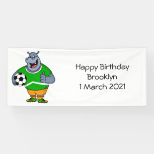 Funny hippo soccer player cartoon illustration banner