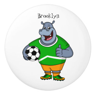 Funny hippo soccer player cartoon illustration ceramic knob