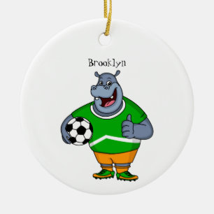 Funny hippo soccer player cartoon illustration ceramic ornament