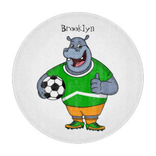 Funny hippo soccer player cartoon illustration  cutting board
