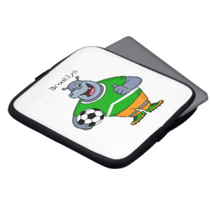 Funny hippo soccer player cartoon illustration laptop sleeve
