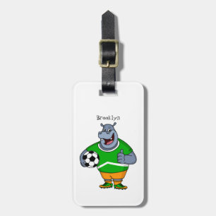Funny hippo soccer player cartoon illustration luggage tag