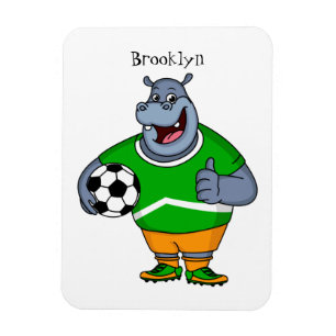 Funny hippo soccer player cartoon illustration magnet