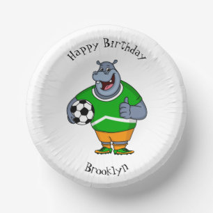 Funny hippo soccer player cartoon illustration paper plate