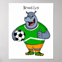Funny hippo soccer player cartoon illustration