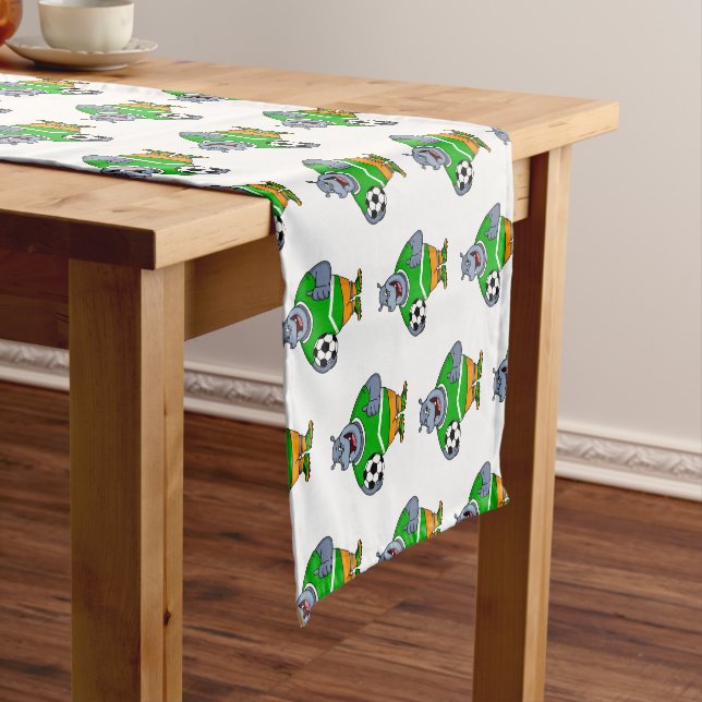Funny hippo soccer player cartoon illustration  short table runner (In Situ)