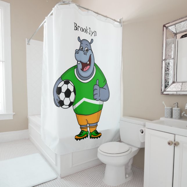 Funny hippo soccer player cartoon illustration shower curtain (In Situ)
