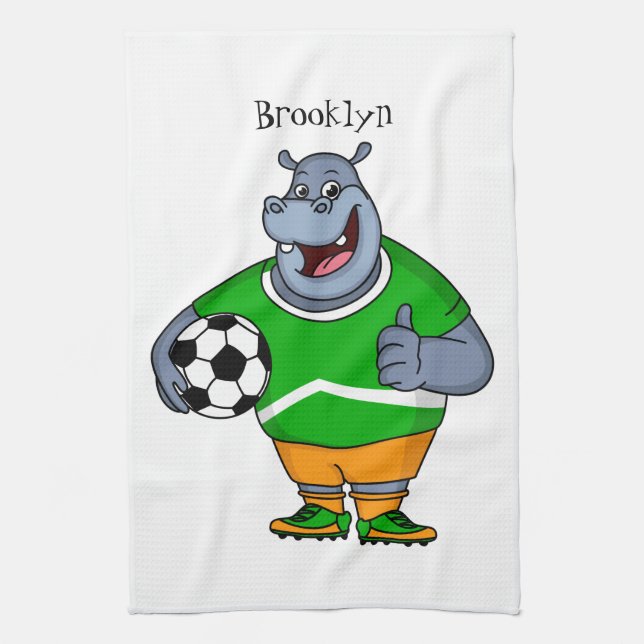 Funny hippo soccer player cartoon illustration tea towel (Vertical)