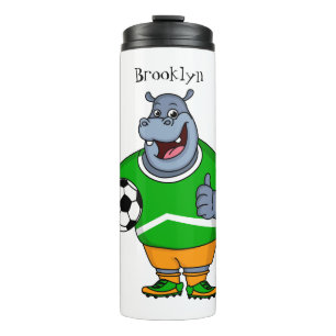Funny hippo soccer player cartoon illustration thermal tumbler