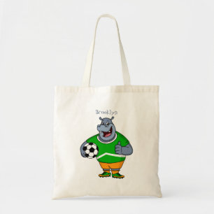 Funny hippo soccer player cartoon illustration tote bag