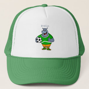 Funny hippo soccer player cartoon illustration trucker hat