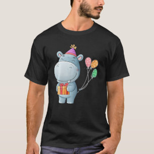 Funny Hippo With Balloon Cute Animal Lovers Birthd T-Shirt