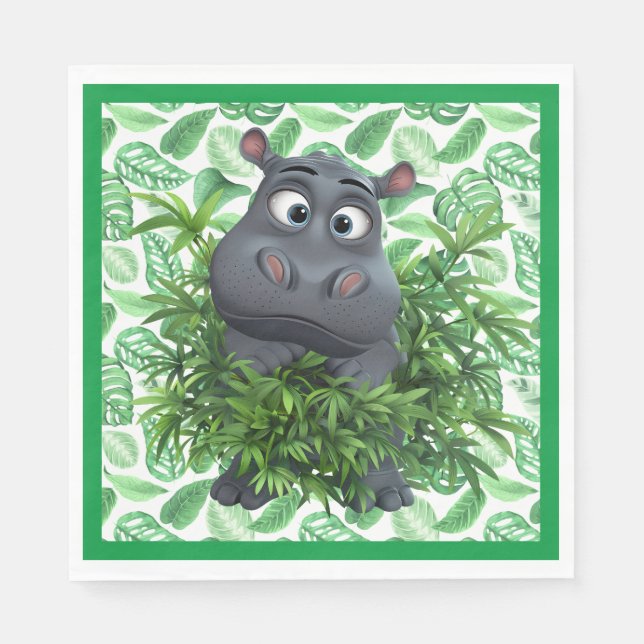 Funny Hippo With Green Palm Leaves Paper Napkin (Front)