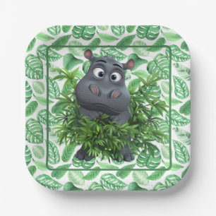 Funny Hippo With Green Palm Leaves Paper Napkin Plate