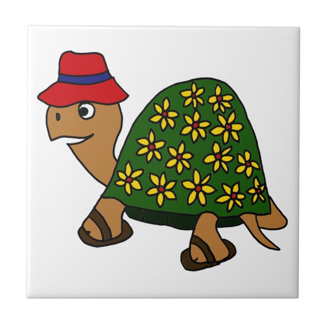 Funny Hippy Flower Turtle Cartoon Ceramic Tile (Front)