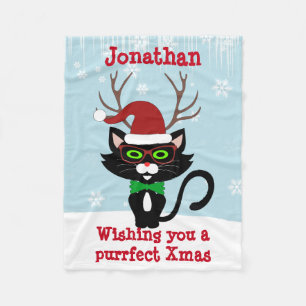 Funny Hipster Christmas cat with antlers Fleece Blanket