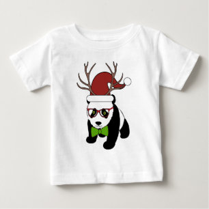 Funny Hipster Christmas Panda with antlers Baby T-Shirt